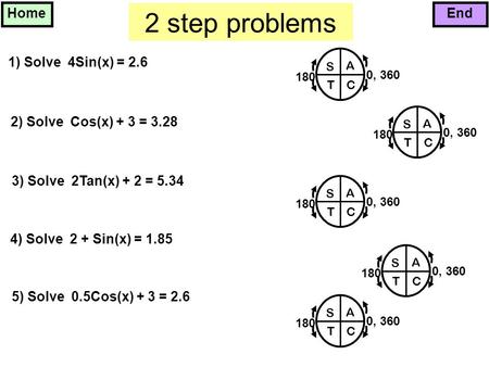 2 step problems 5) Solve 0.5Cos(x) + 3 = 2.6 1) Solve 4Sin(x) = 2.6 2) Solve Cos(x) + 3 = 3.28 3) Solve 2Tan(x) + 2 = 5.34 4) Solve 2 + Sin(x) = 1.85 180.
