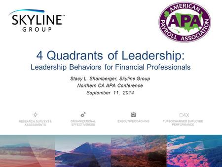 Stacy L. Shamberger, Skyline Group Northern CA APA Conference September 11, 2014 4 Quadrants of Leadership: Leadership Behaviors for Financial Professionals.