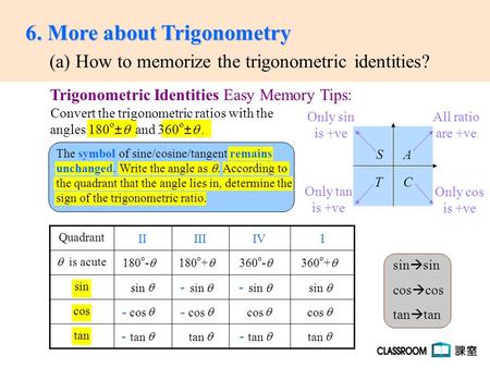 (a) How to memorize the trigonometric identities? Trigonometric Identities Easy Memory Tips: Quadrant  is acute sin cos tan IIIII IV I sin  -  -  