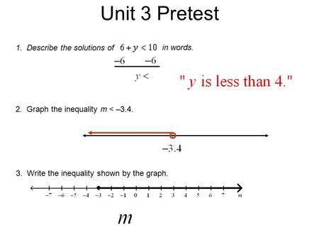 Unit 3 Pretest 1. Describe the solutions of in words. 2. Graph the inequality m < –3.4. 3. Write the inequality shown by the graph.