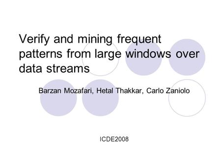 Verify and mining frequent patterns from large windows over data streams Barzan Mozafari, Hetal Thakkar, Carlo Zaniolo ICDE2008.