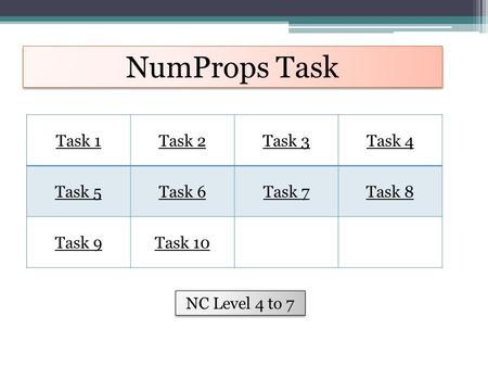 NumProps Task Task 1Task 2Task 3Task 4 Task 5Task 6Task 7Task 8 Task 9Task 10 NC Level 4 to 7.