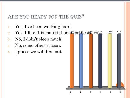 A RE YOU READY FOR THE QUIZ ? 1. Yes, I’ve been working hard. 2. Yes, I like this material on hypothesis test. 3. No, I didn’t sleep much. 4. No, some.