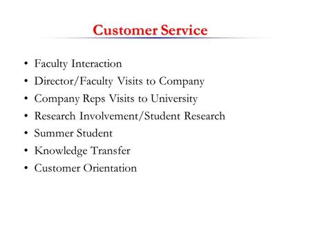 Customer Service Faculty Interaction Director/Faculty Visits to Company Company Reps Visits to University Research Involvement/Student Research Summer.