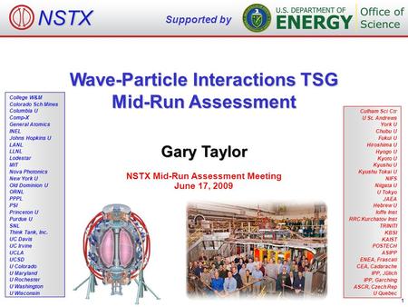 Wave-Particle Interactions TSG Mid-Run Assessment Gary Taylor NSTX Supported by NSTX Mid-Run Assessment Meeting June 17, 2009 1 College W&M Colorado Sch.