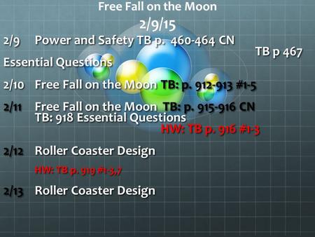 Free Fall on the Moon 2/9/15 2/9 Power and Safety TB p. 460-464 CN TB p 467 Essential Questions 2/10Free Fall on the MoonTB: p. 912-913 #1-5 2/11Free Fall.