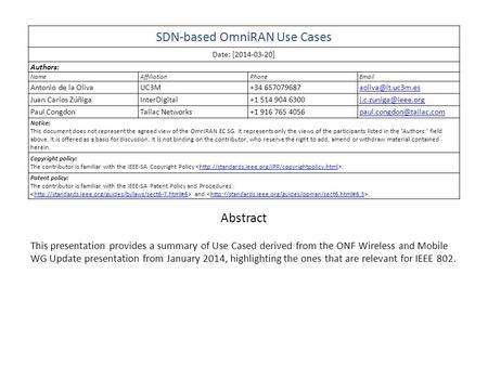 SDN-based OmniRAN Use Cases Date: [2014-03-20] Authors: NameAffiliationPhone Antonio de la OlivaUC3M+34 Juan Carlos ZúñigaInterDigital+1.