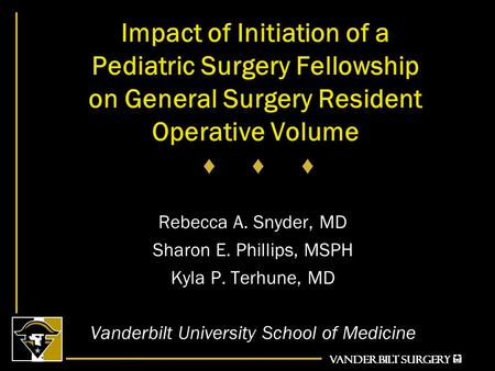 VANDERBILT SURGERY Impact of Initiation of a Pediatric Surgery Fellowship on General Surgery Resident Operative Volume ♦ ♦ ♦ Rebecca A. Snyder, MD Sharon.
