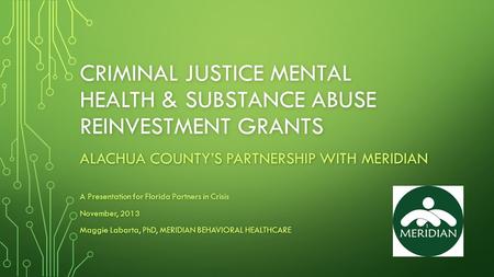 CRIMINAL JUSTICE MENTAL HEALTH & SUBSTANCE ABUSE REINVESTMENT GRANTS ALACHUA COUNTY’S PARTNERSHIP WITH MERIDIAN A Presentation for Florida Partners in.