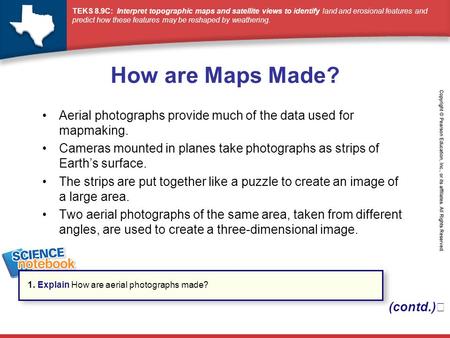 How are Maps Made? Aerial photographs provide much of the data used for mapmaking. Cameras mounted in planes take photographs as strips of Earth’s surface.