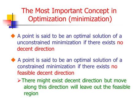 The Most Important Concept in Optimization (minimization)  A point is said to be an optimal solution of a unconstrained minimization if there exists no.