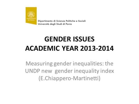 GENDER ISSUES ACADEMIC YEAR 2013-2014 Measuring gender inequalities: the UNDP new gender inequality index (E.Chiappero-Martinetti)