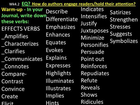 Wk4.2 EQ? How do authors engage readers/hold their attention? Warm-up - In your Journal, write down these verbs: EFFECTS VERBS _Amplifies _Characterizes.