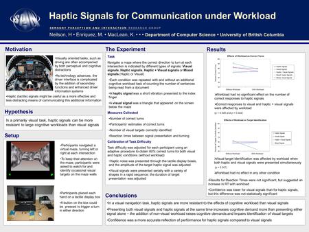 Haptic Signals for Communication under Workload In a primarily visual task, haptic signals can be more resistant to large cognitive workloads than visual.