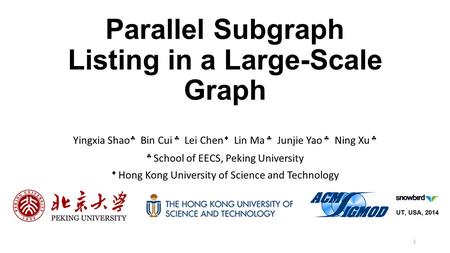 Parallel Subgraph Listing in a Large-Scale Graph Yingxia Shao  Bin Cui  Lei Chen  Lin Ma  Junjie Yao  Ning Xu   School of EECS, Peking University.