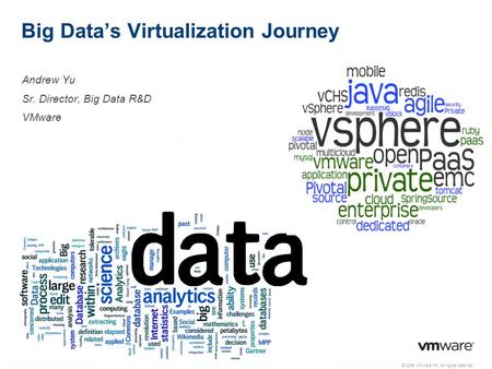 © 2009 VMware Inc. All rights reserved Big Data’s Virtualization Journey Andrew Yu Sr. Director, Big Data R&D VMware.