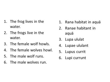 1.The frog lives in the water. 2.The frogs live in the water. 3.The female wolf howls. 4.The female wolves howl. 5.The male wolf runs. 6.The male wolves.