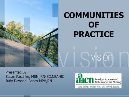 Presented By: Susan Paschke, MSN, RN-BC,NEA-BC Judy Dawson- Jones MPH,RN COMMUNITIES OF PRACTICE.