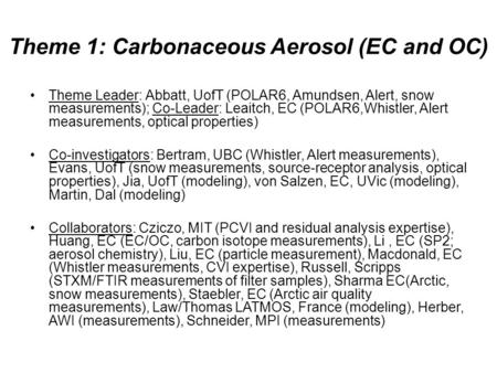 Theme 1: Carbonaceous Aerosol (EC and OC) Theme Leader: Abbatt, UofT (POLAR6, Amundsen, Alert, snow measurements); Co-Leader: Leaitch, EC (POLAR6,Whistler,