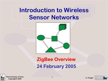 The University of Iowa. Copyright© 2005 A. Kruger 1 Introduction to Wireless Sensor Networks ZigBee Overview 24 February 2005.