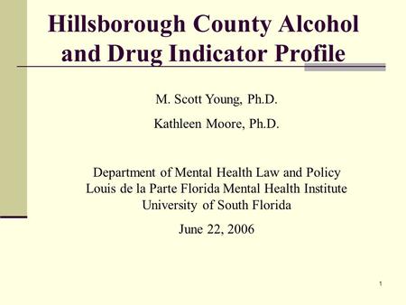 1 Hillsborough County Alcohol and Drug Indicator Profile M. Scott Young, Ph.D. Kathleen Moore, Ph.D. Department of Mental Health Law and Policy Louis de.