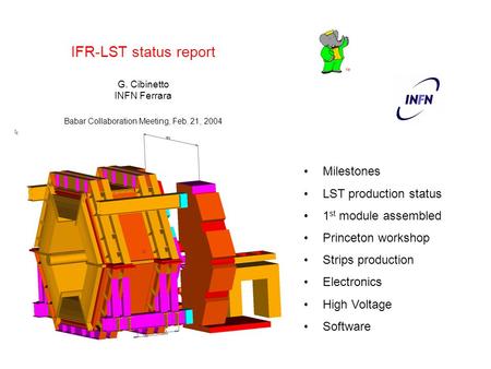 IFR-LST status report G. Cibinetto INFN Ferrara Babar Collaboration Meeting, Feb. 21, 2004 Milestones LST production status 1 st module assembled Princeton.