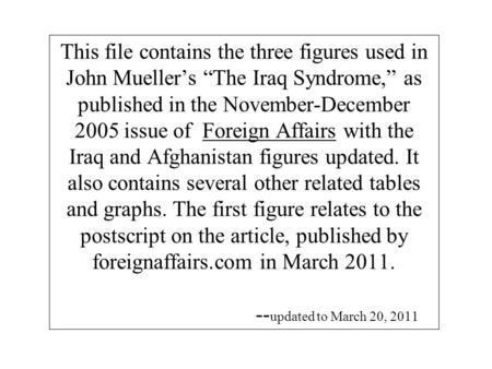 This file contains the three figures used in John Mueller’s “The Iraq Syndrome,” as published in the November-December 2005 issue of Foreign Affairs with.