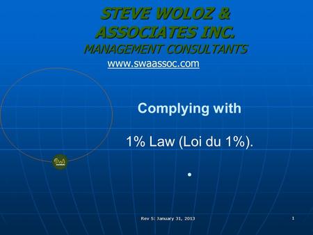 Rev 5: January 31, 2013 1 STEVE WOLOZ & ASSOCIATES INC. MANAGEMENT CONSULTANTS www.swaassoc.com Complying with 1% Law (Loi du 1%).