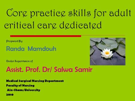 Core practice skills for adult critical care dedicated Prepared By Randa Mamdouh Under Supervision of Assist. Prof. Dr/ Salwa Samir Medical Surgical Nursing.