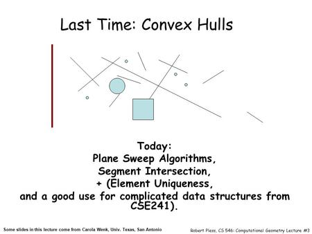 Robert Pless, CS 546: Computational Geometry Lecture #3 Last Time: Convex Hulls Today: Plane Sweep Algorithms, Segment Intersection, + (Element Uniqueness,