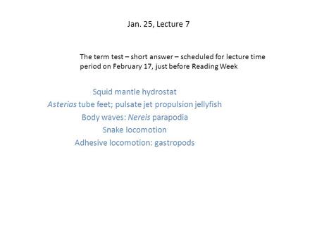 Jan. 25, Lecture 7 Squid mantle hydrostat Asterias tube feet; pulsate jet propulsion jellyfish Body waves: Nereis parapodia Snake locomotion Adhesive locomotion: