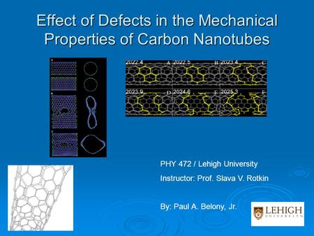 Effect of Defects in the Mechanical Properties of Carbon Nanotubes PHY 472 / Lehigh University Instructor: Prof. Slava V. Rotkin By: Paul A. Belony, Jr.