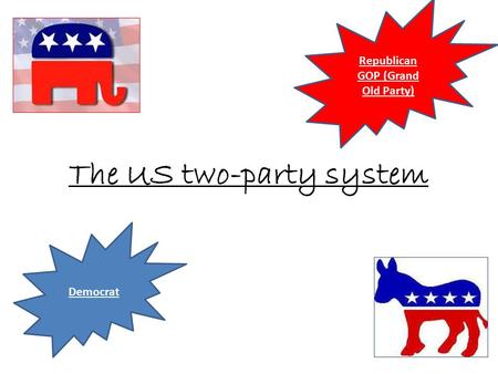 The US two-party system Republican GOP (Grand Old Party) Democrat.