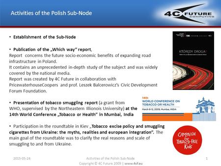 Copyright © 4C Future 2009 | www.4cf.eu Activities of the Polish Sub-Node 2015-05-241 Activities of the Polish Sub-Node Establishment of the Sub-Node Publication.