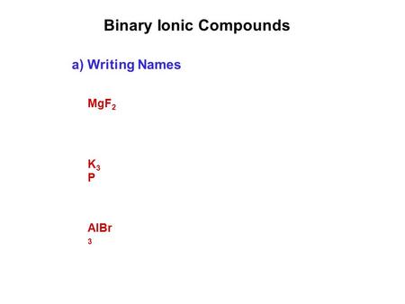 Binary Ionic Compounds a) Writing Names MgF 2 K3PK3P AlBr 3.