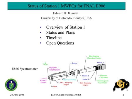 20 June 2008E906 Collaboration Meeting1 Tracking Chambers for FNAL E906 Edward R. Kinney University of Colorado, Boulder, USA Overview of Station 1 Status.