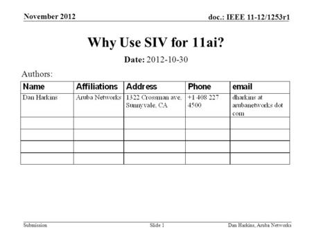 Submission doc.: IEEE 11-12/1253r1 November 2012 Dan Harkins, Aruba NetworksSlide 1 Why Use SIV for 11ai? Date: 2012-10-30 Authors: