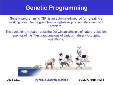 ECML Group. RMIT2003 CECPyramid Search Method Genetic Programming Genetic programming (GP) is an automated method for creating a working computer program.