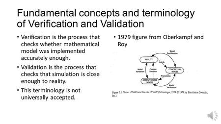 Fundamental concepts and terminology of Verification and Validation Verification is the process that checks whether mathematical model was implemented.