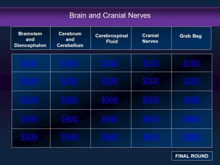 Brain and Cranial Nerves $100 $200 $300 $400 $500 $100$100$100 $200 $300 $400 $500 Brainstem and Diencephalon FINAL ROUND Cerebrum and Cerebellum Cerebrospinal.