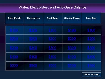 Water, Electrolytes, and Acid-Base Balance $100 $200 $300 $400 $500 $100$100$100 $200 $300 $400 $500 Body Fluids FINAL ROUND ElectrolytesAcid-BaseClinical.