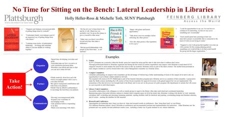 No Time for Sitting on the Bench: Lateral Leadership in Libraries Holly Heller-Ross & Michelle Toth, SUNY Plattsburgh 1.“Begin with praise and honest appreciation.”