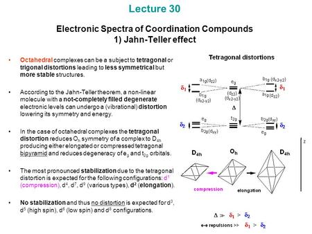 Lecture 30 Electronic Spectra of Coordination Compounds 1) Jahn-Teller effect Octahedral complexes can be a subject to tetragonal or trigonal distortions.