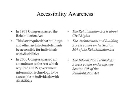 Accessibility Awareness In 1973 Congress passed the Rehabilitation Act This law required that buildings and other architectural elements be accessible.