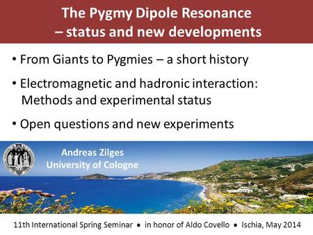 The Pygmy Dipole Resonance – status and new developments Andreas Zilges University of Cologne From Giants to Pygmies – a short history Electromagnetic.