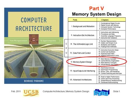 Feb. 2011Computer Architecture, Memory System DesignSlide 1 Part V Memory System Design.