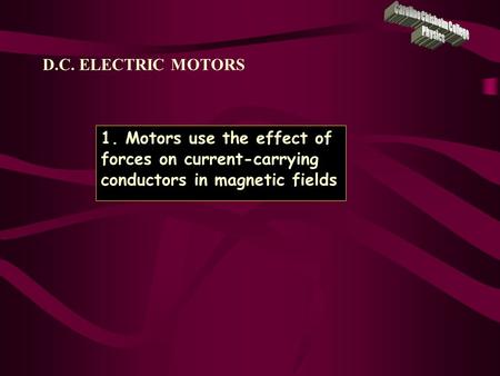 D.C. ELECTRIC MOTORS 1. Motors use the effect of forces on current-carrying conductors in magnetic fields.