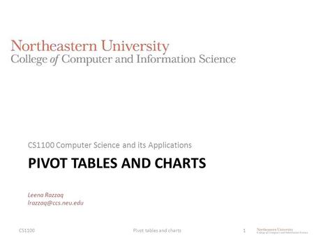 PIVOT TABLES AND CHARTS Leena Razzaq CS1100 Computer Science and its Applications CS1100Pivot tables and charts1.