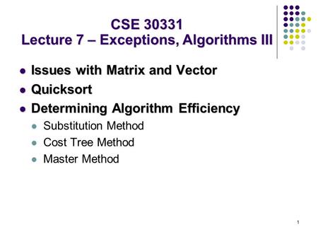 1 Issues with Matrix and Vector Issues with Matrix and Vector Quicksort Quicksort Determining Algorithm Efficiency Determining Algorithm Efficiency Substitution.