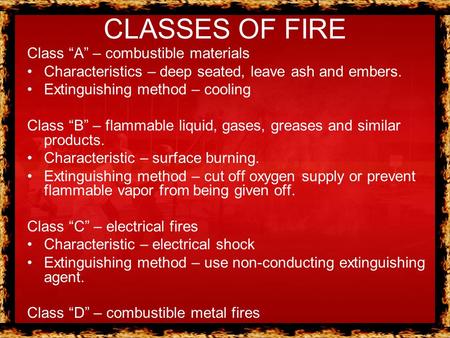 CLASSES OF FIRE Class “A” – combustible materials